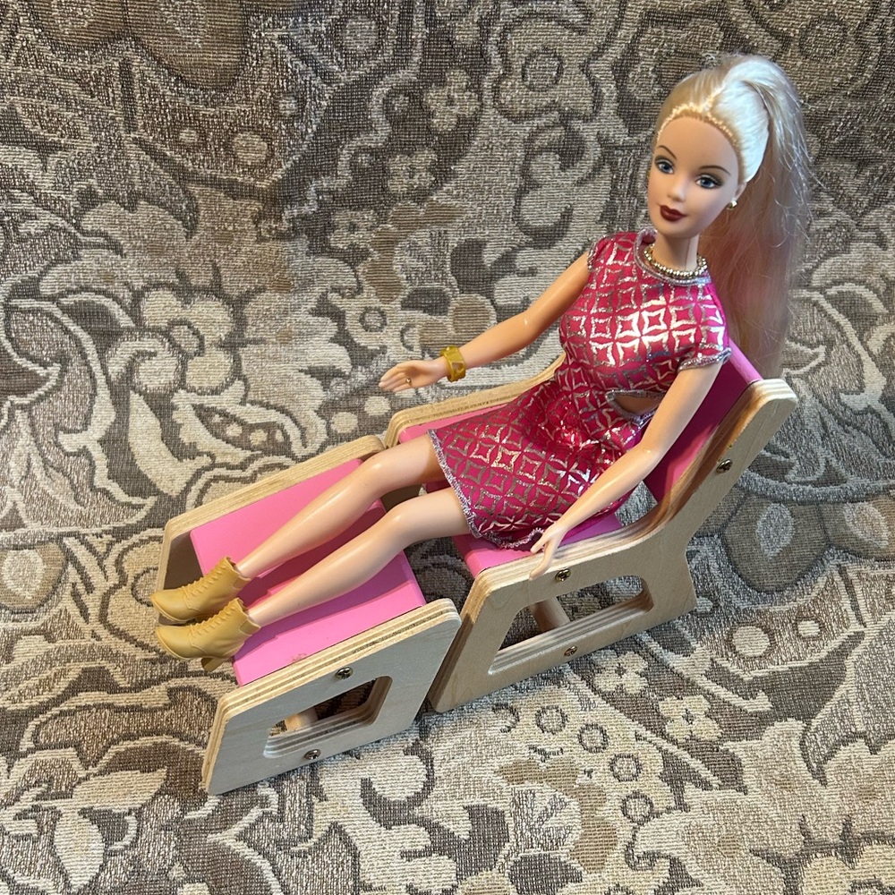 KidKraft Wooden Barbie - Sized Lounge Chair with Stool. Dollhouse Furniture.